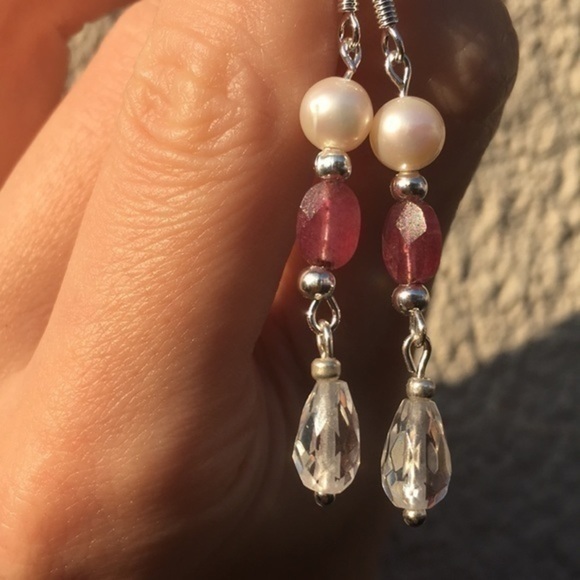 Real pearl Ruby Stone Sterling Silver Genuine pearls SS 925 earrings - Picture 13 of 16